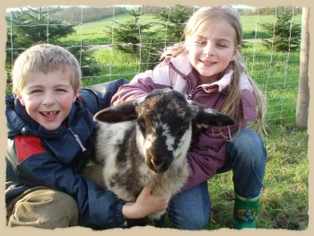 Sarah und Jonas mit einem unserer Streichelschafe
